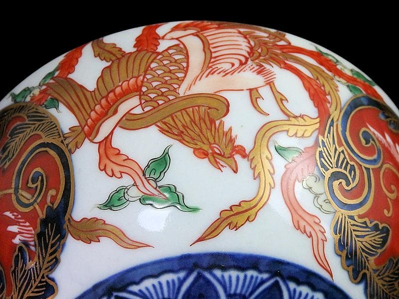 古伊万里　金襴手　鳳凰に赤玉唐草の図　大振蓋茶碗　AS-CXo