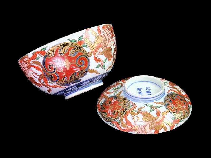 古伊万里　金襴手　鳳凰に赤玉唐草の図　大振蓋茶碗　AS-CXo