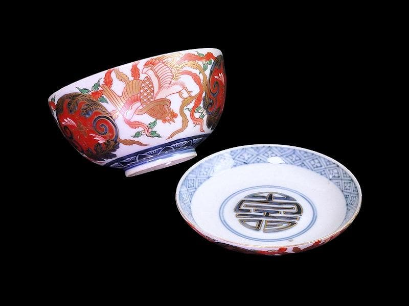 古伊万里　金襴手　鳳凰に赤玉唐草の図　大振蓋茶碗　AS-CXo