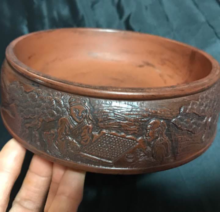 茶道具 古い 紫砂 茶盂 彫刻 人物画 山水画 中国