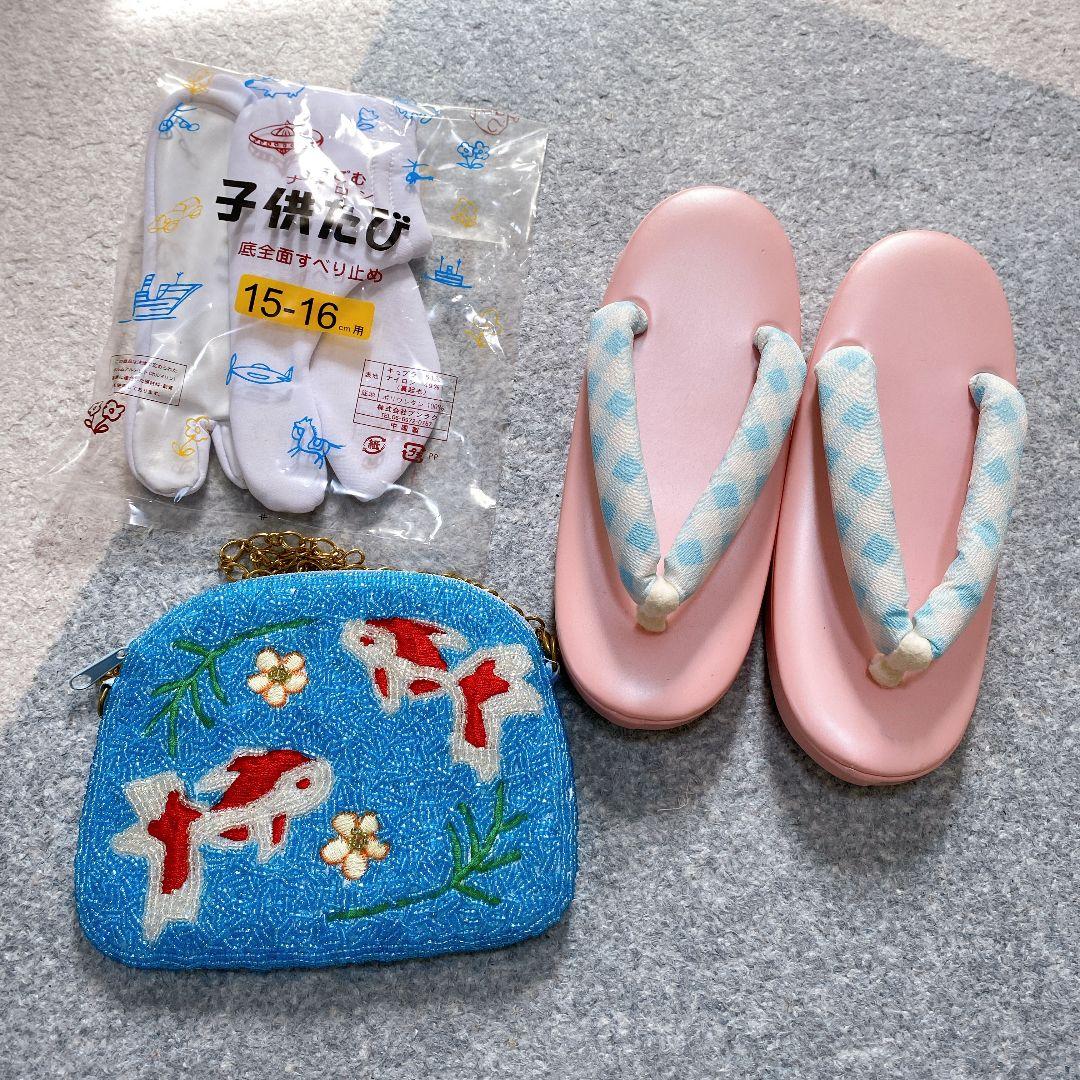 七五三 2歳 3歳 正絹 アンティーク 着物 被布 ビーズバッグ 草履 セット