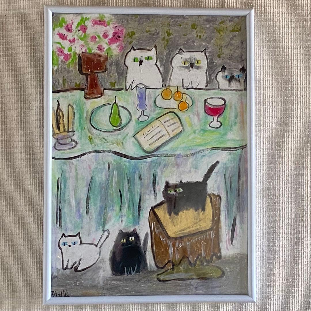 絵画 。手描き【かわいい猫たちが花、ワイン、果物のテーブルを囲んでいる】
