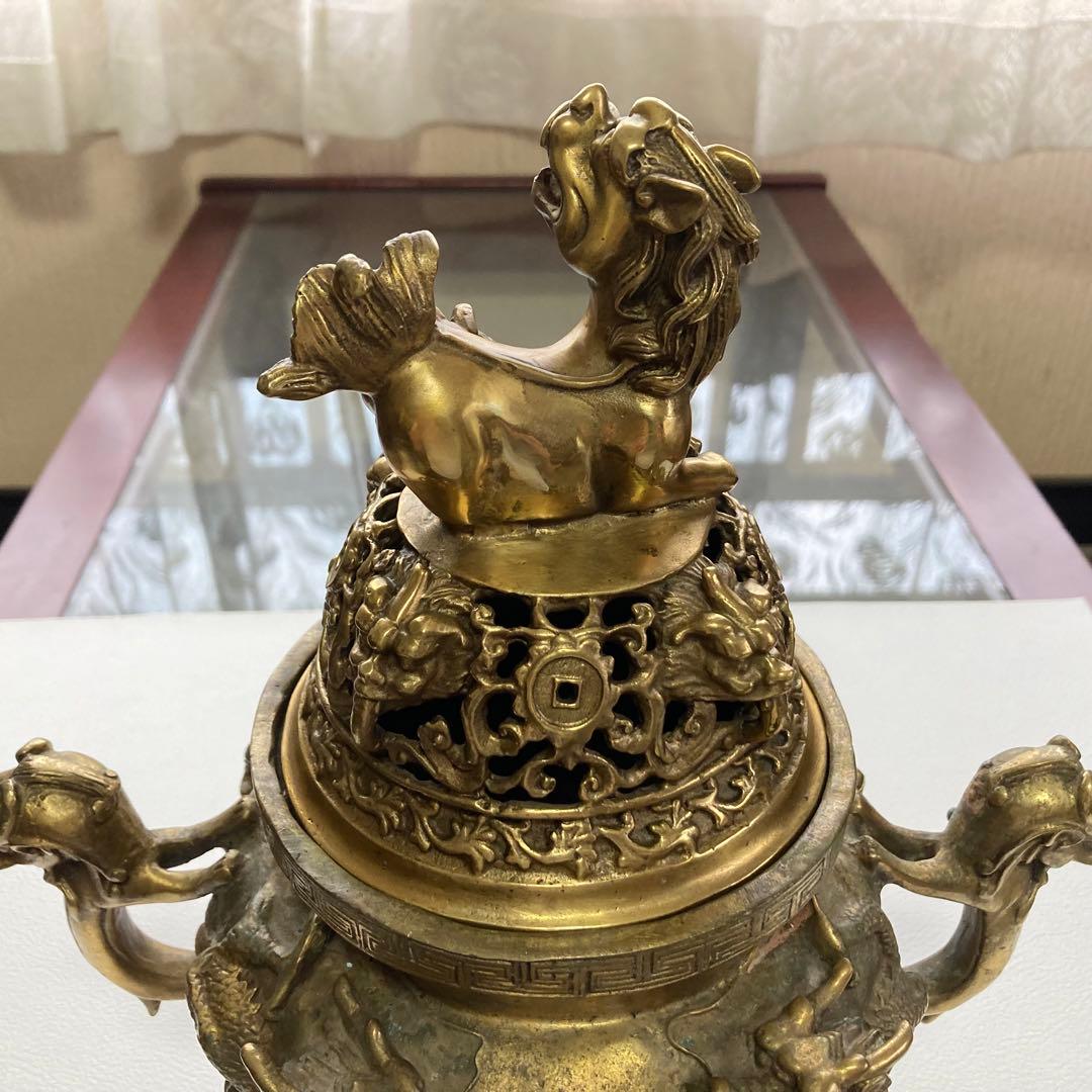 大明宣徳年鋳 香炉 銅製⁇ 真鍮⁇ 獅子 龍 工芸品 美術 大型 置物 レトロ