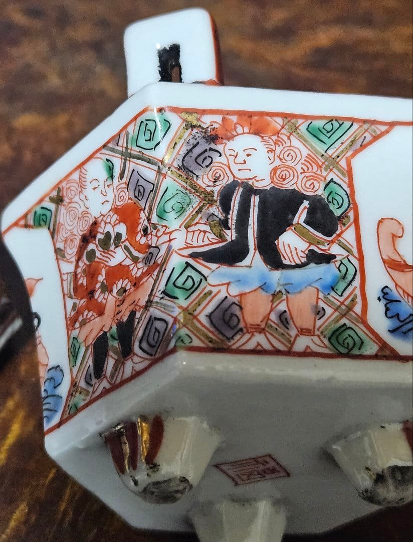 【大珍品❗】明治時代　大聖寺伊万里　 金彩色絵　韃靼人に南蛮船図　六角形小香炉