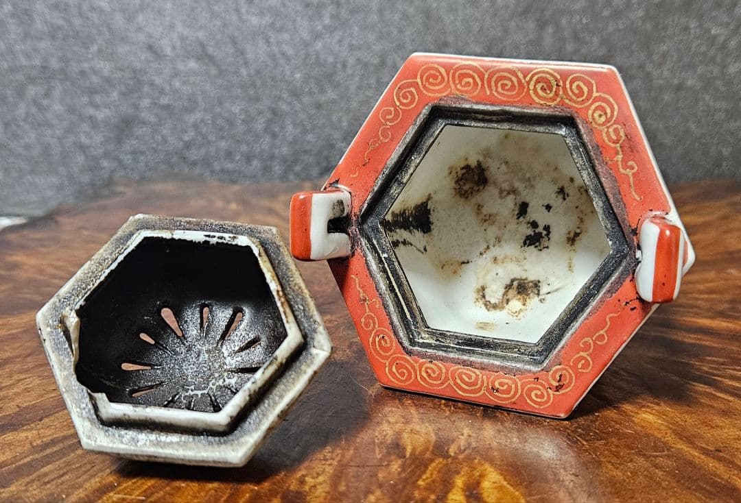 【大珍品❗】明治時代　大聖寺伊万里　 金彩色絵　韃靼人に南蛮船図　六角形小香炉