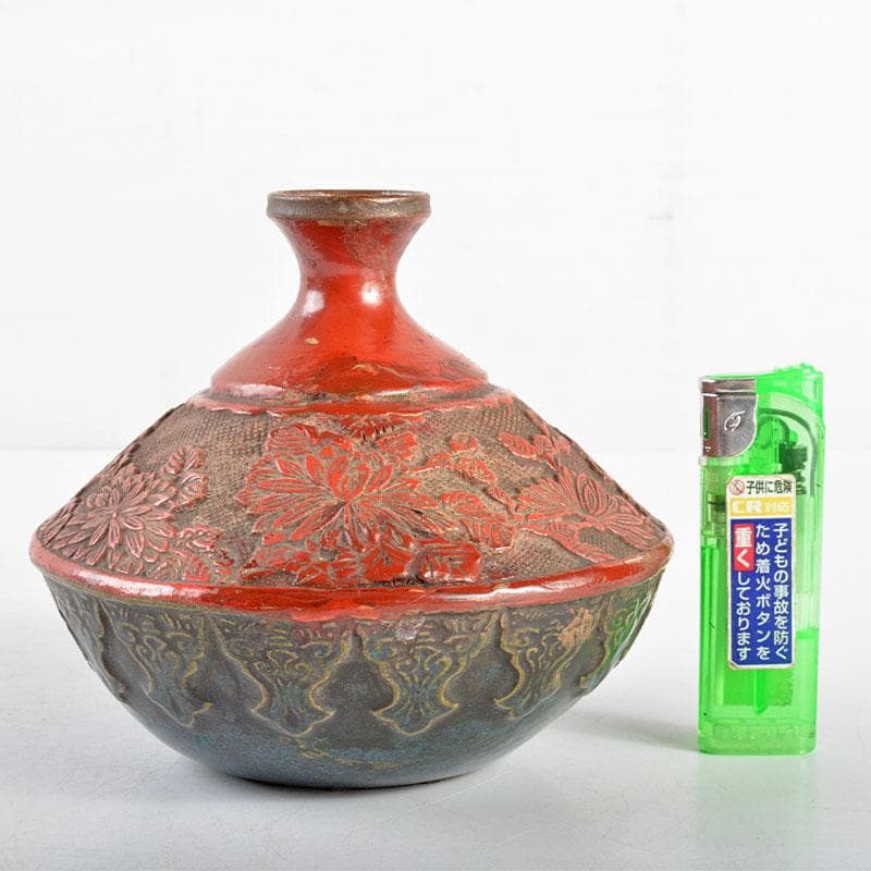 中国　陶堆朱朱泥海鼠釉　刻花文瓶　壷　桐箱付　M　R4805