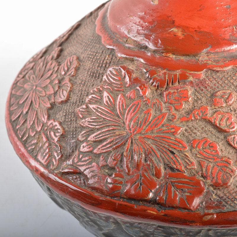 中国　陶堆朱朱泥海鼠釉　刻花文瓶　壷　桐箱付　M　R4805