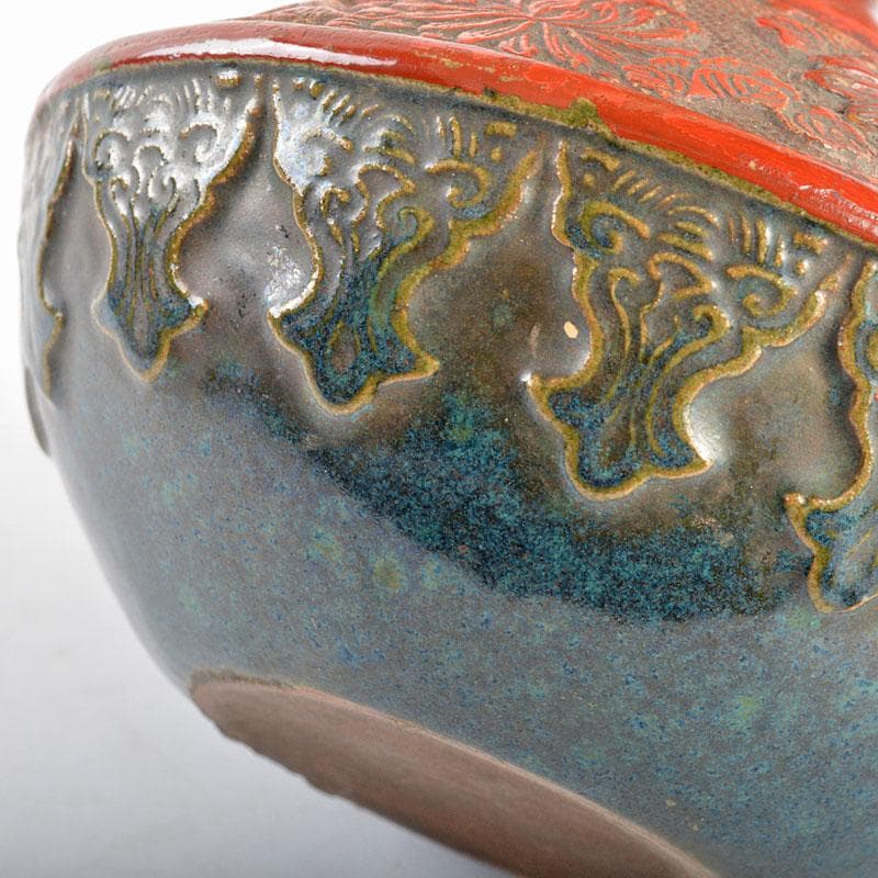 中国　陶堆朱朱泥海鼠釉　刻花文瓶　壷　桐箱付　M　R4805