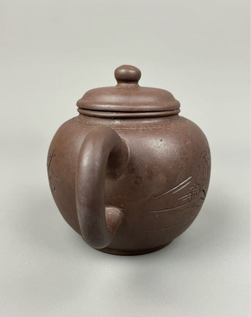 朱泥急須 漢詩山水紋刻 後手急須 煎茶道具 紫砂壷 茶壺 茶器 唐物 紫砂