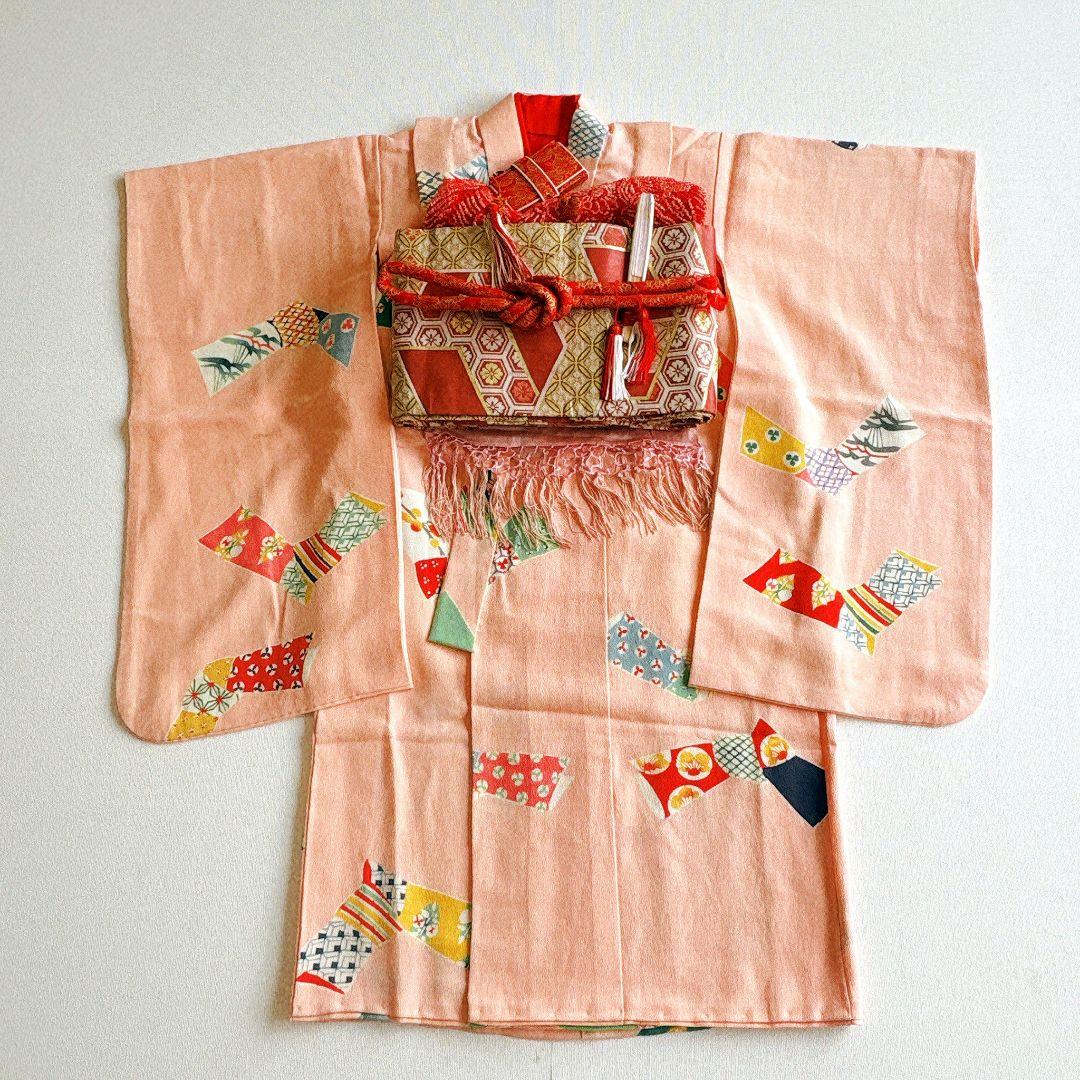 セット　七五三７歳女の子　昭和レトロ　ピンク　ピンク地丸帯　袖なし長襦袢7098