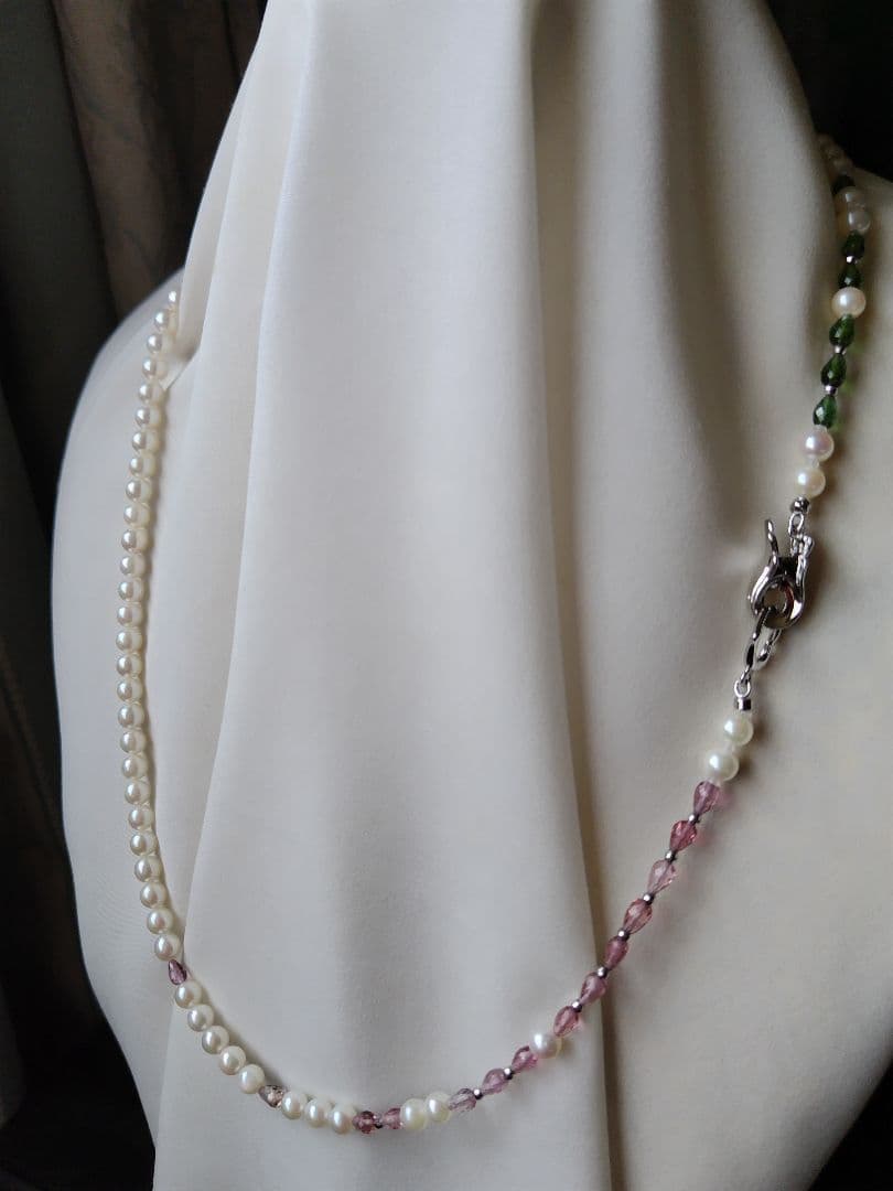 アコヤ真珠ベビーパール、グリーントルマリン、ピンクトルマリン、3WAYネックレス