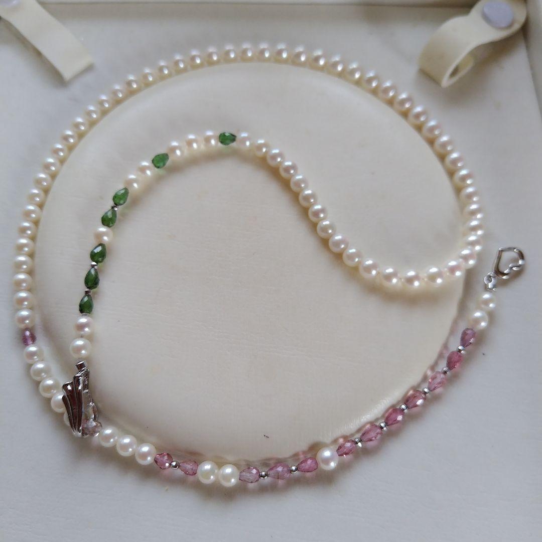 アコヤ真珠ベビーパール、グリーントルマリン、ピンクトルマリン、3WAYネックレス