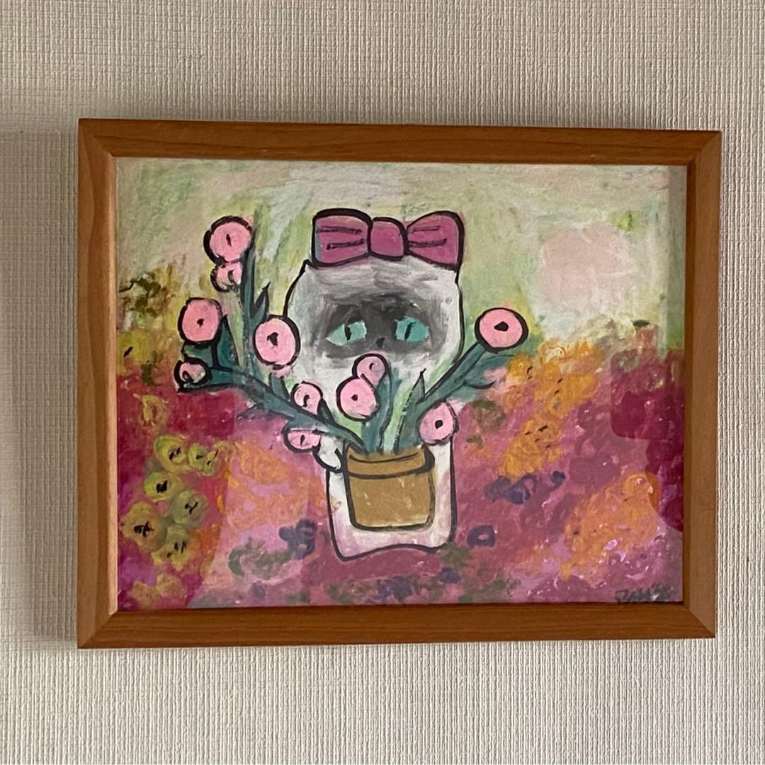 絵画 。原画☆【美しい花畑にきれいな花を植えたかわいいシャム猫】