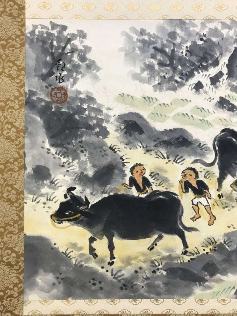 真作/四田観水/牧童之図/牛図/横物/掛軸/名家伝来AH-546