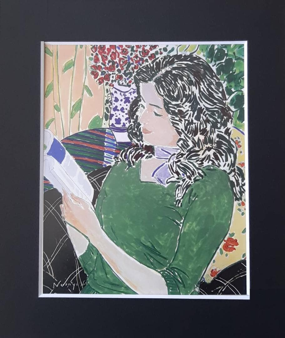 坂口紀良、「プチローズと読書」、希少画集の額装画、人気作品