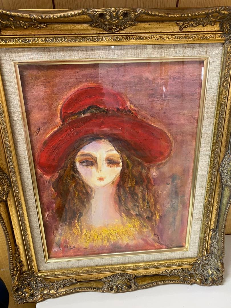 印象派風 女性の肖像画 赤い帽子　額無し
