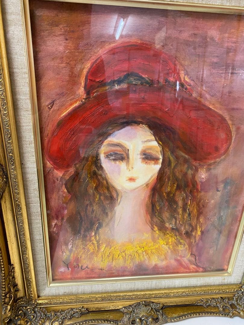 印象派風 女性の肖像画 赤い帽子　額無し