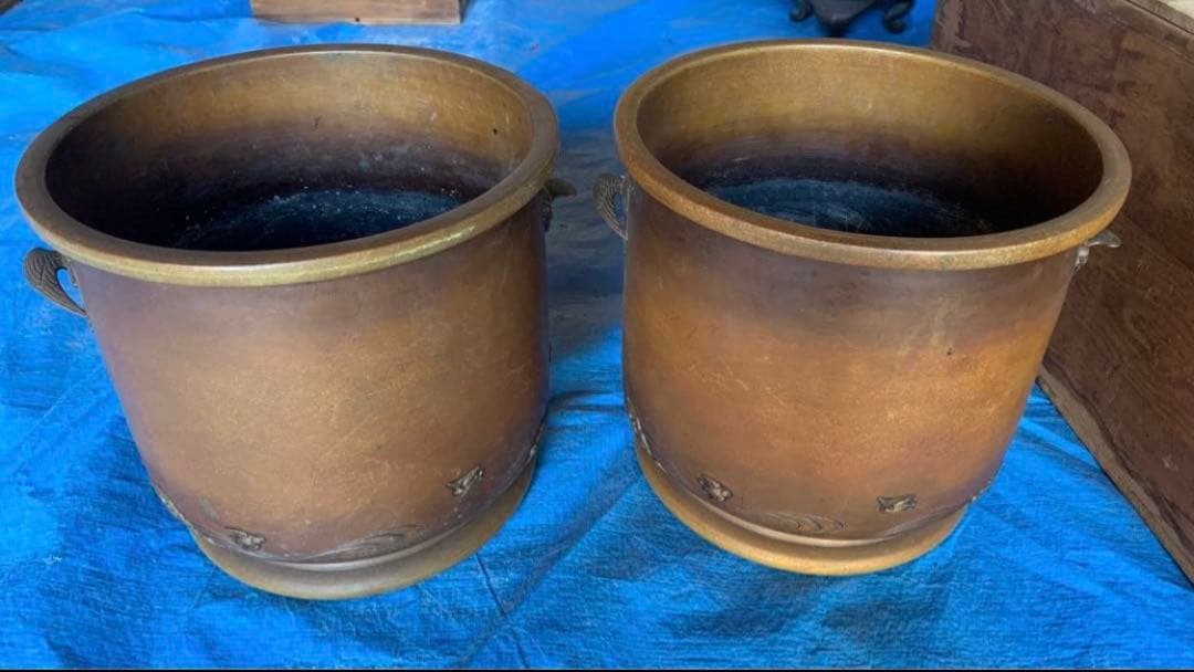 宜徳銅　千鳥模様　火鉢　奥村　菊光堂　２つセット