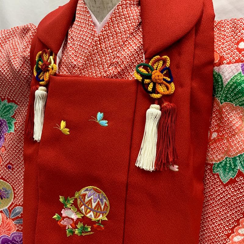 511ag72□七五三 三歳 女児 着物&被布&長襦袢 金彩 鹿子 御所車□美品