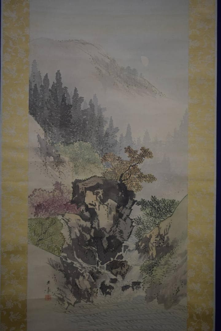 真作/川端玉章/月下山水図/絹表装/布袋屋掛軸HJ-81