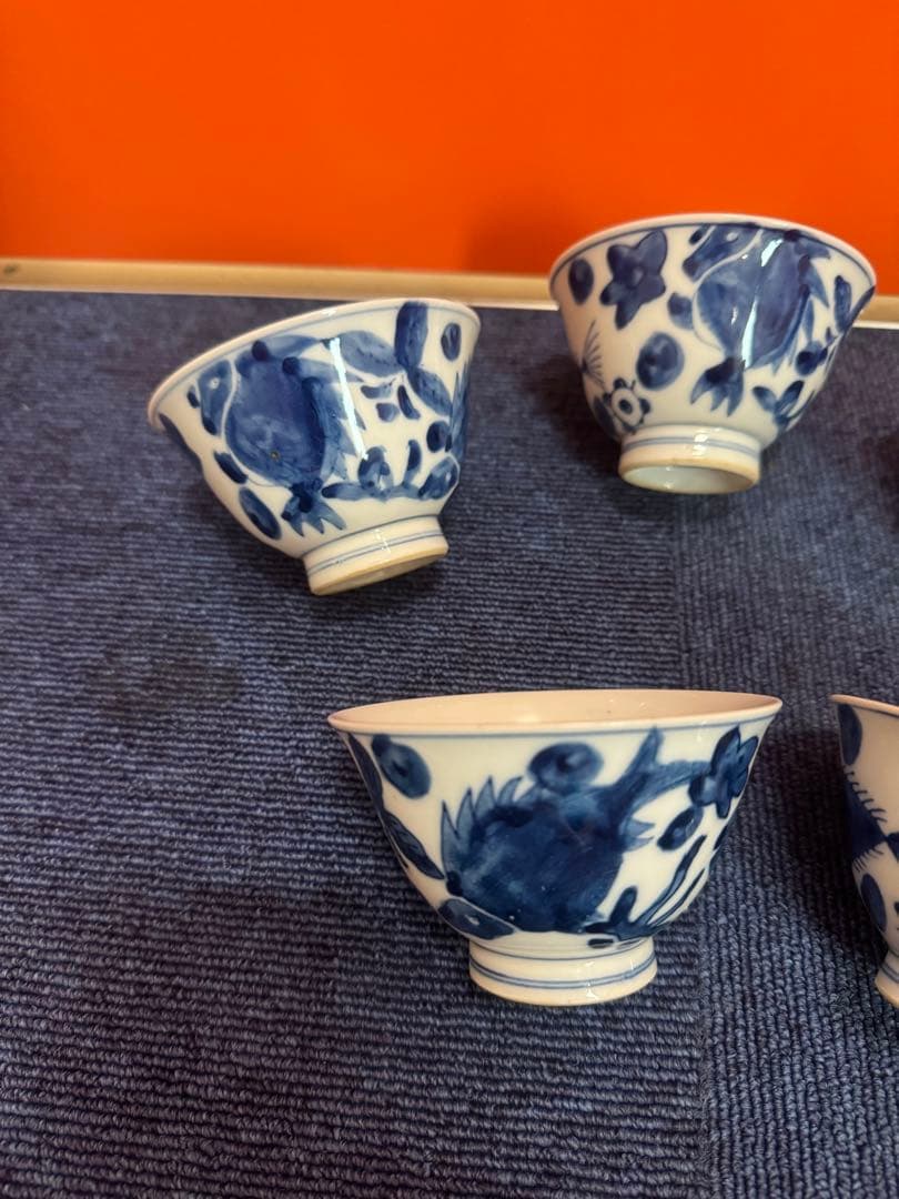 1859  古伊万里　染付青花　大明成化年製銘　湯呑5客　時代物