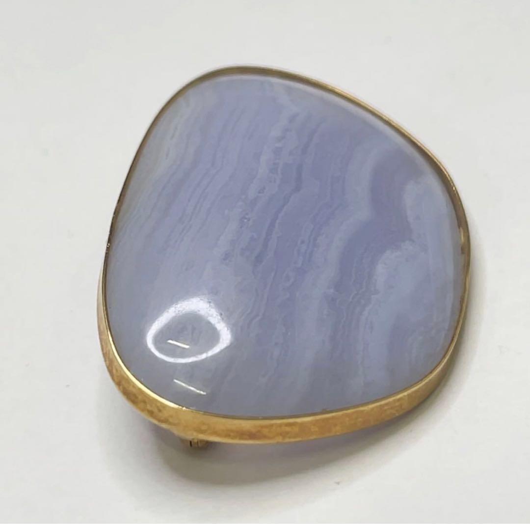 美品 天然石 ブルーレースアゲート 瑪瑙 K18枠 18金 ブローチ