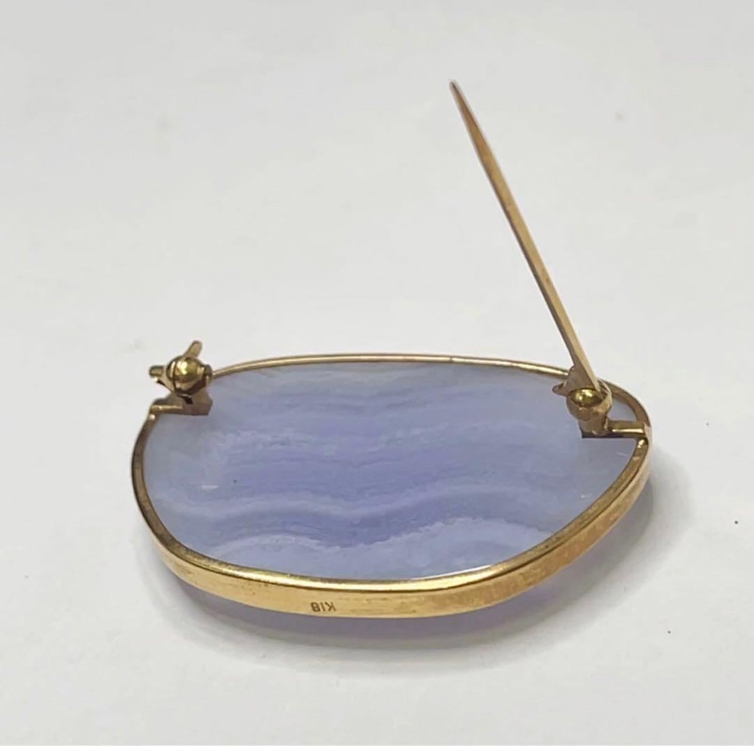 美品 天然石 ブルーレースアゲート 瑪瑙 K18枠 18金 ブローチ