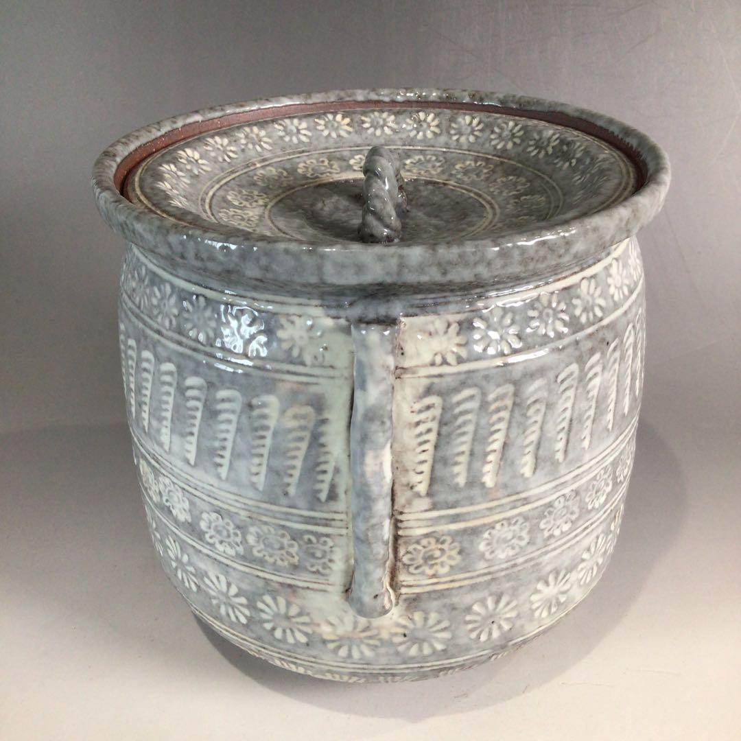 Ｐ３５３　水指　『平安　浅見与し三造』『花三島』『耳付水指』　共箱　茶道具