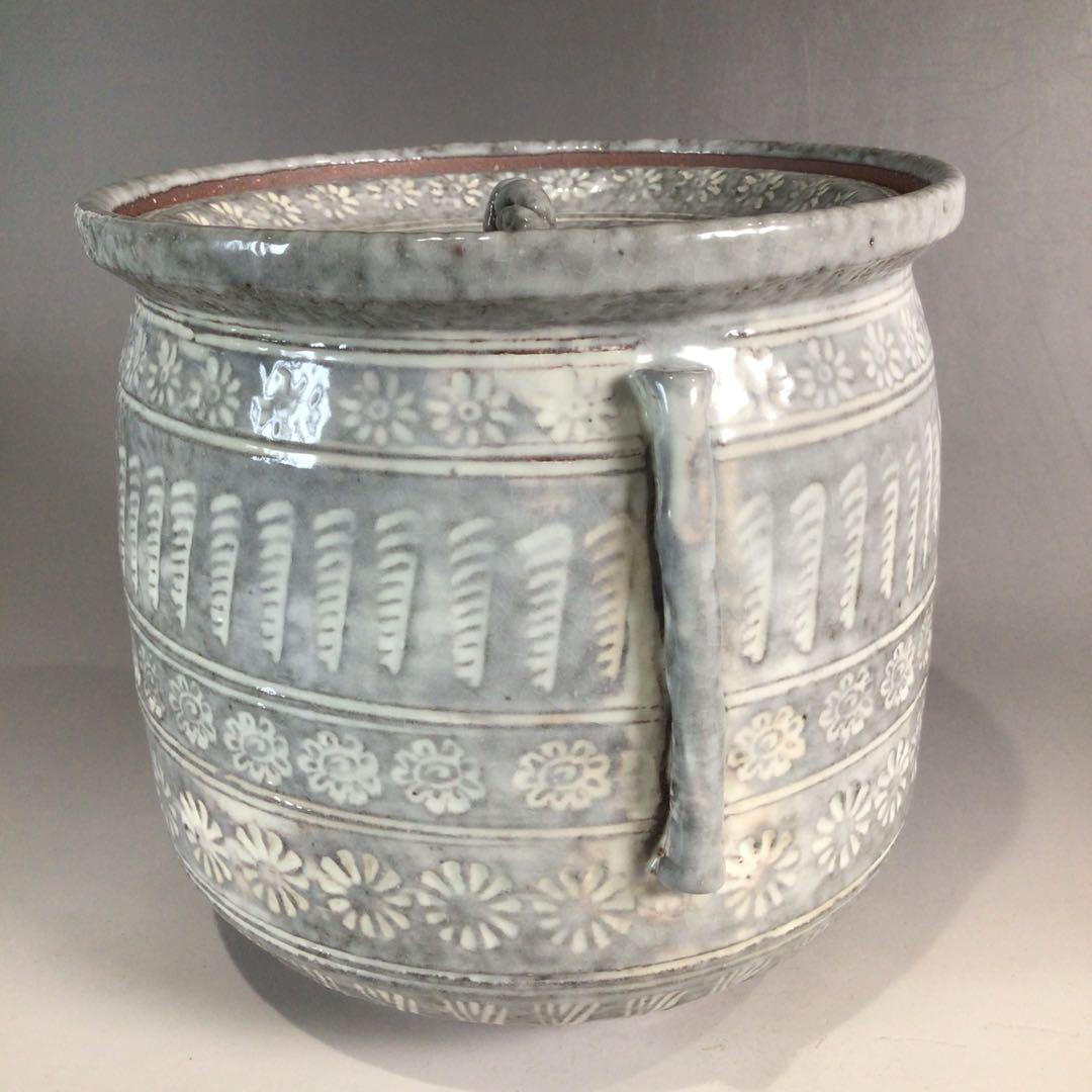 Ｐ３５３　水指　『平安　浅見与し三造』『花三島』『耳付水指』　共箱　茶道具