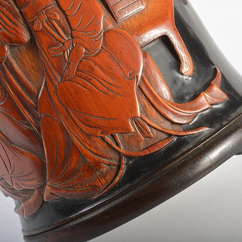 中国　古竹彫刻　黒漆　漢詩人物文　筆筒　時代箱付　G　R7384