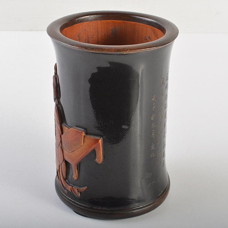 中国　古竹彫刻　黒漆　漢詩人物文　筆筒　時代箱付　G　R7384