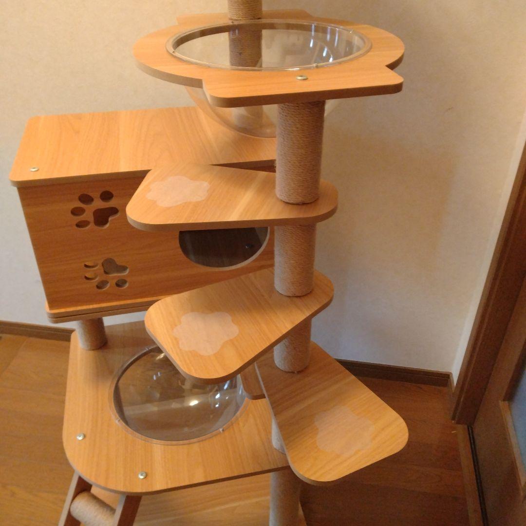 RAKU　木製　キャットタワー ベージュ　宇宙船付き