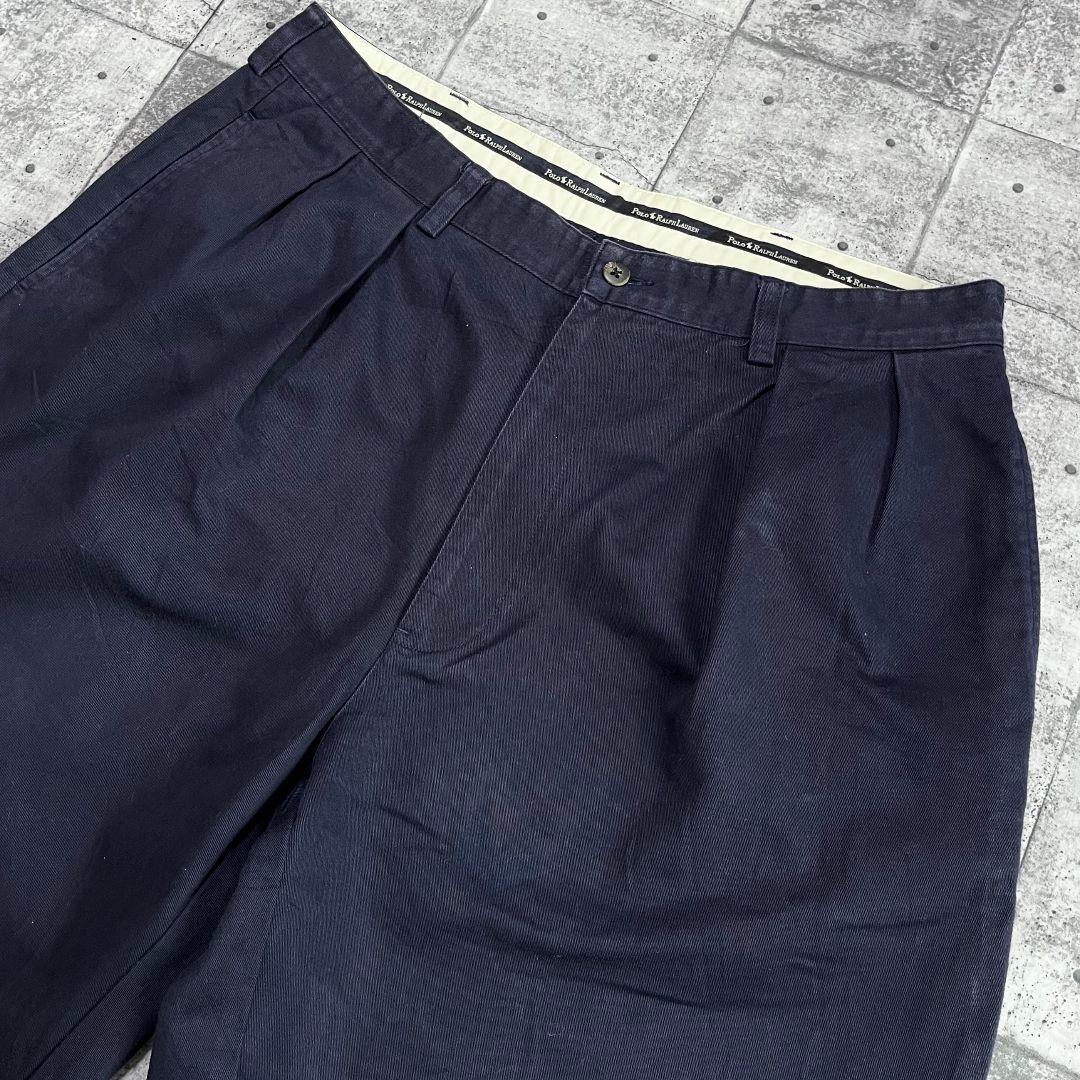 90-00s POLO ラルフローレン ポロチノ タック入り 36 ネイビー