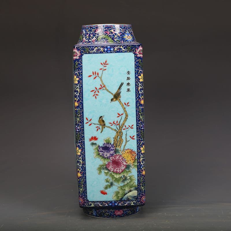 琺瑯彩花鳥紋四角瓶  工芸品 美術品 置物