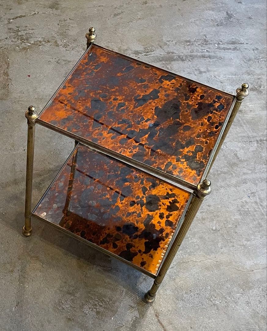 アンティーク　サイドテーブル　コーヒーテーブル　ナイトテーブル　錆柄ガラス