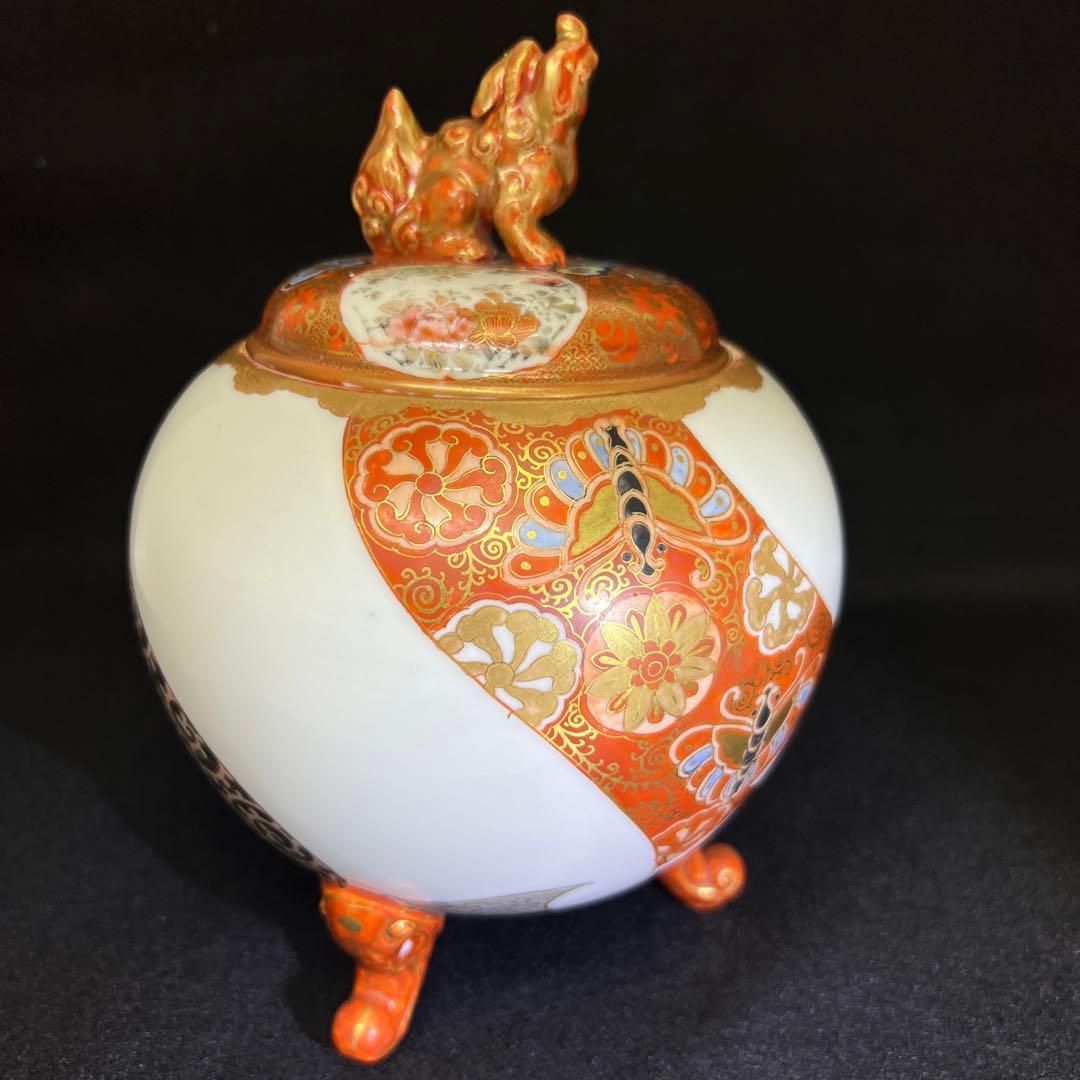 明治時代　九谷焼　金蘭手獅子香炉　木箱付　高約20㎝東Y7-1224☆2Fタサニ