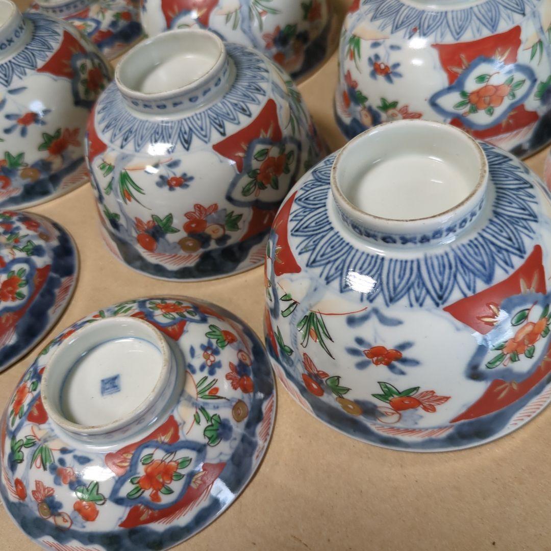 苺大福　骨董 伊万里 古伊万里 蓋茶碗 色絵 煮物碗 飯碗 6つ〜