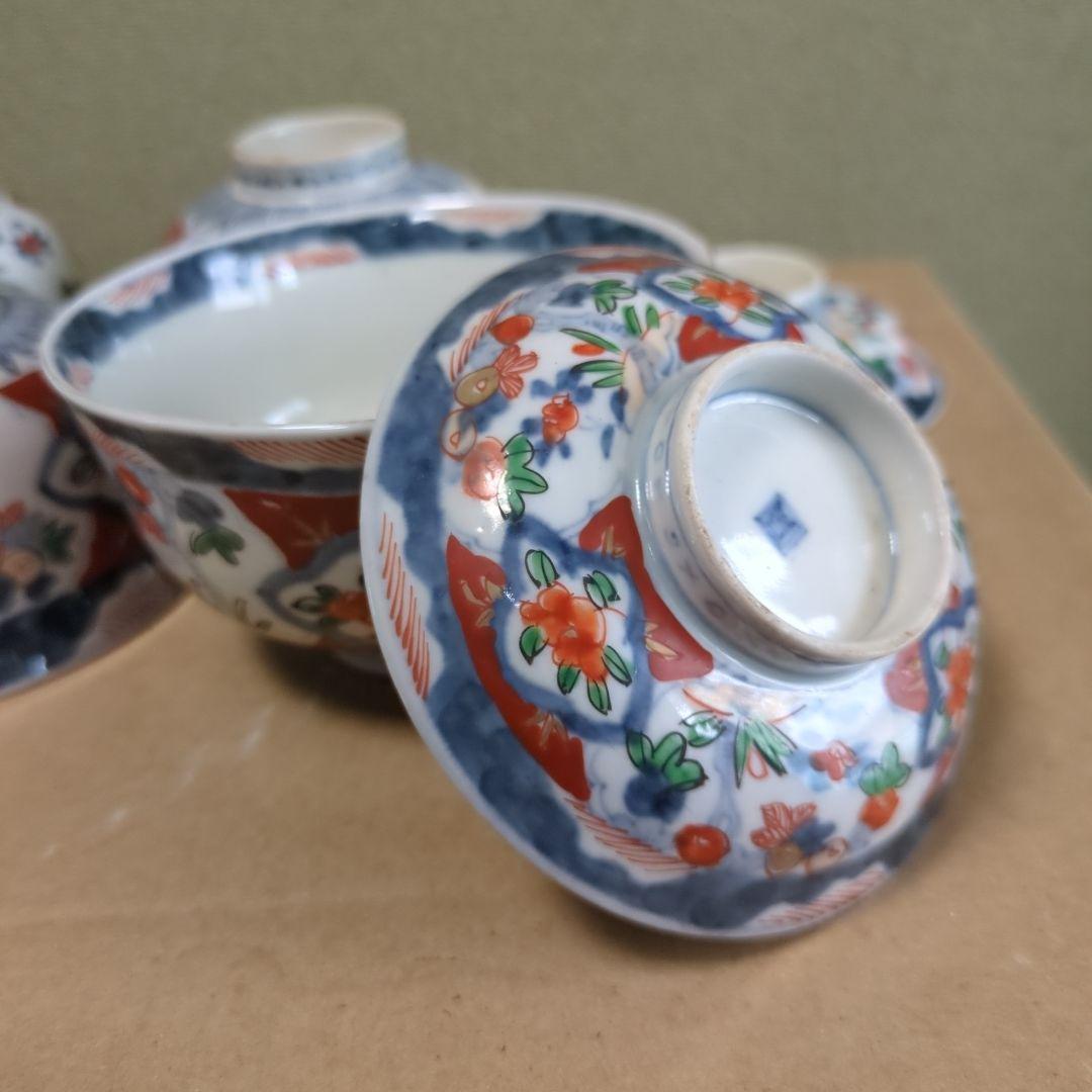 苺大福　骨董 伊万里 古伊万里 蓋茶碗 色絵 煮物碗 飯碗 6つ〜