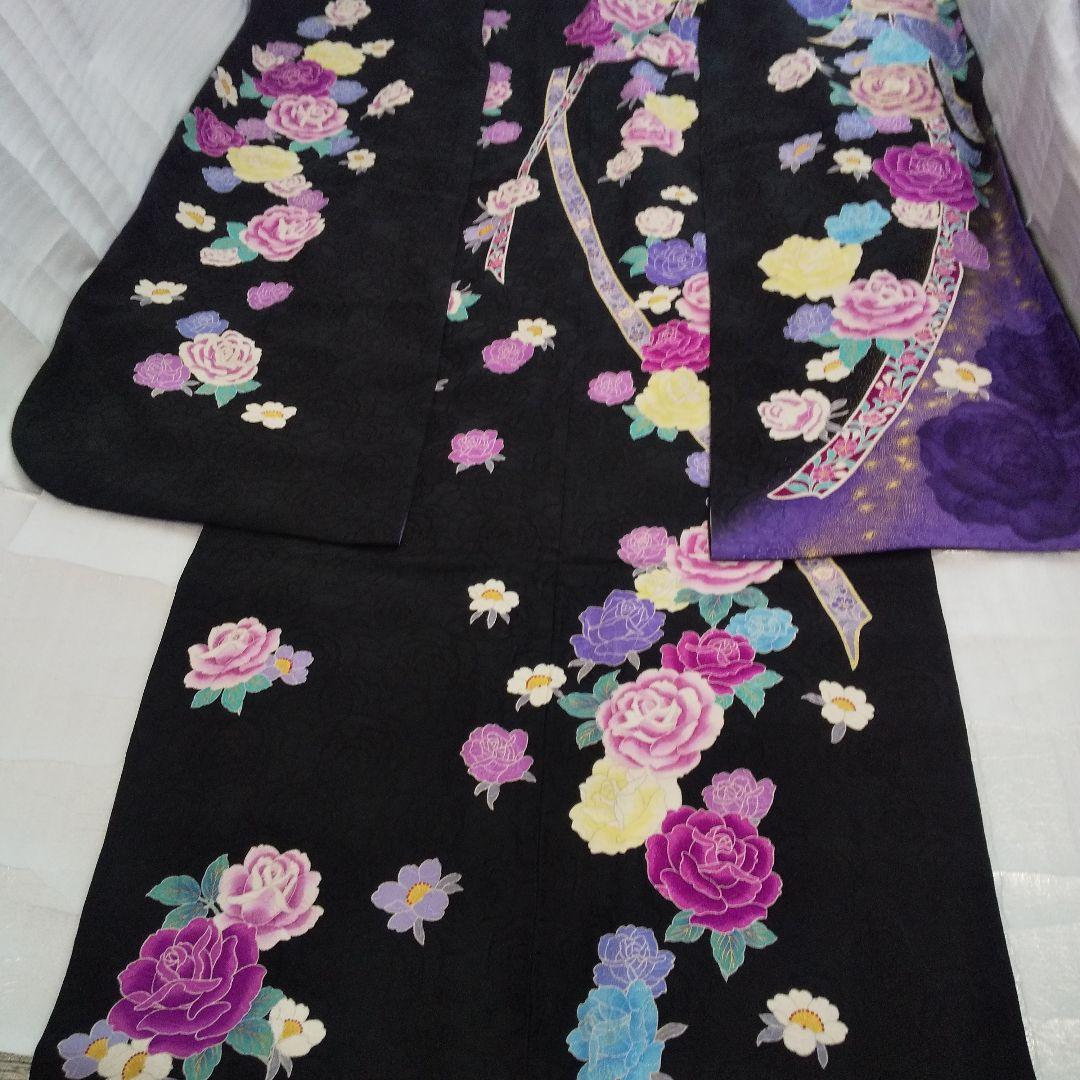++++黒紫薔薇正絹振袖一式フルセット袋帯帯締め帯揚げ半襟 重ね襟他成人式