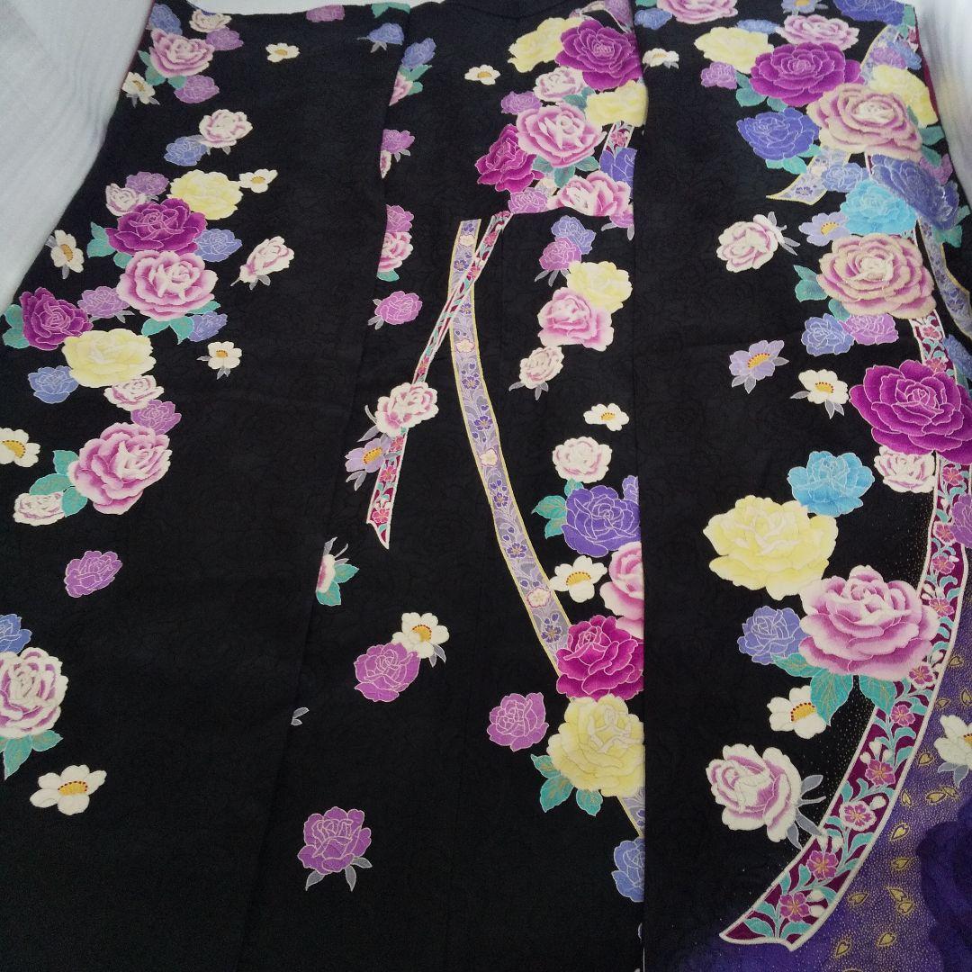 ++++黒紫薔薇正絹振袖一式フルセット袋帯帯締め帯揚げ半襟 重ね襟他成人式