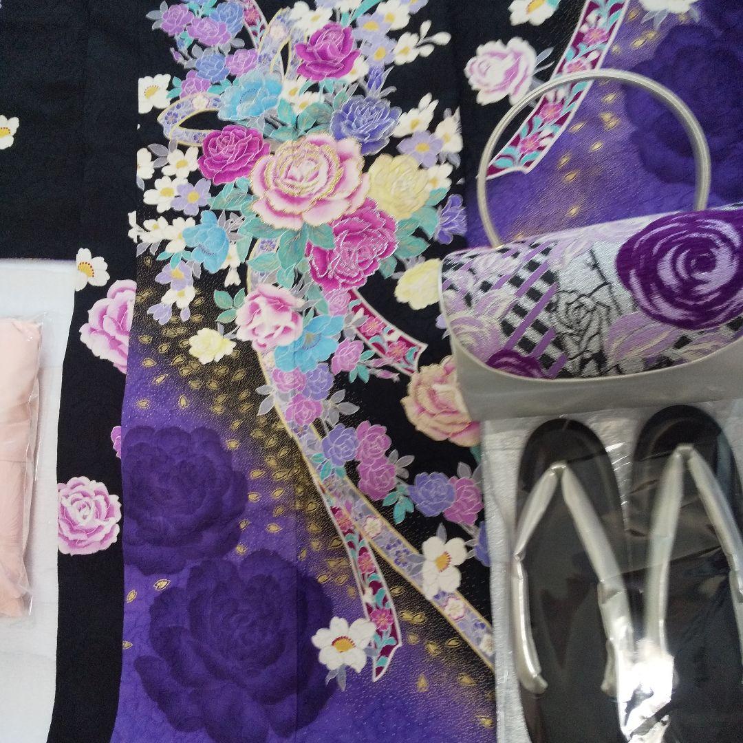 ++++黒紫薔薇正絹振袖一式フルセット袋帯帯締め帯揚げ半襟 重ね襟他成人式