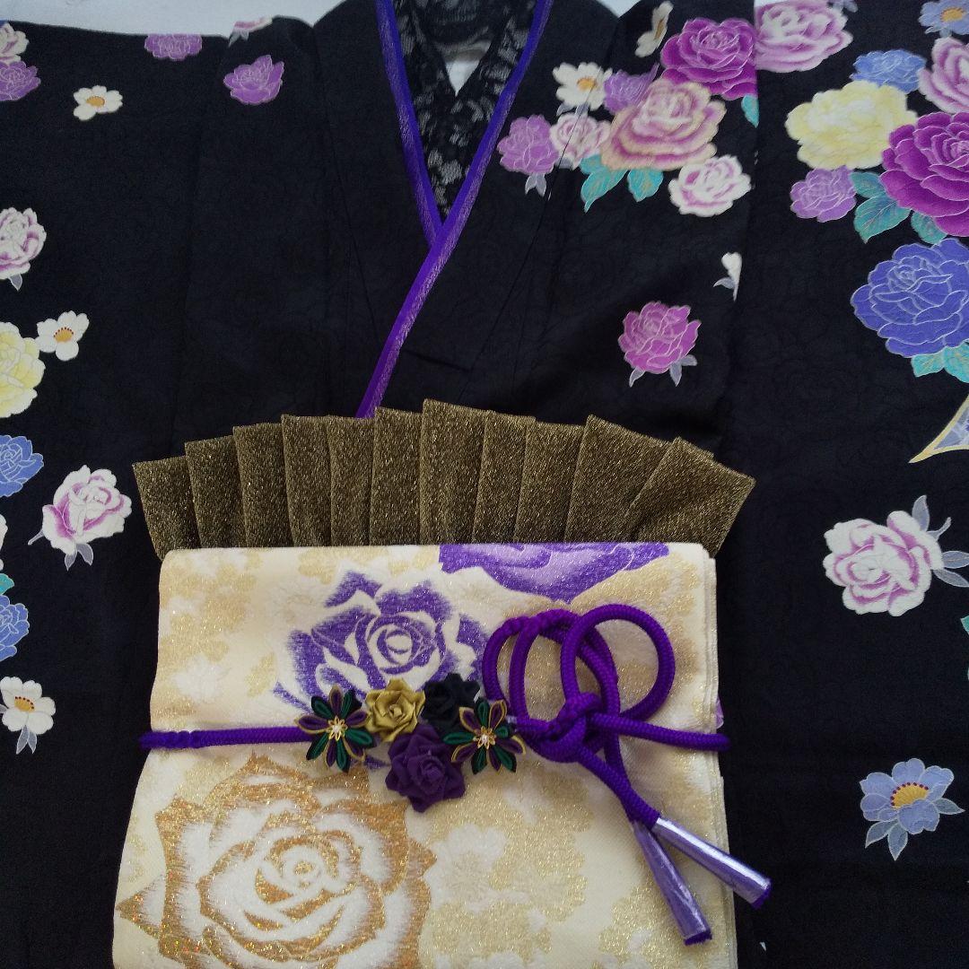 ++++黒紫薔薇正絹振袖一式フルセット袋帯帯締め帯揚げ半襟 重ね襟他成人式