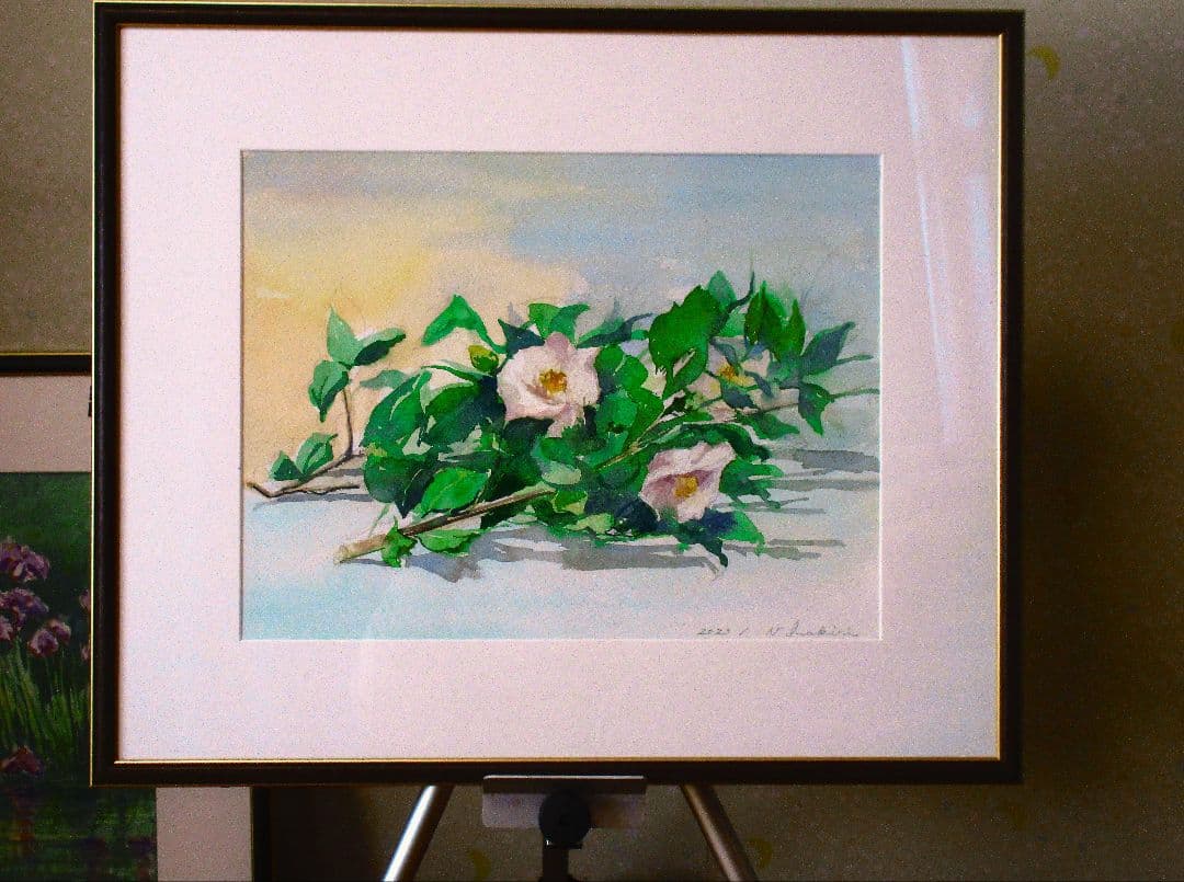 椿の 花の水彩画 フレーム付き