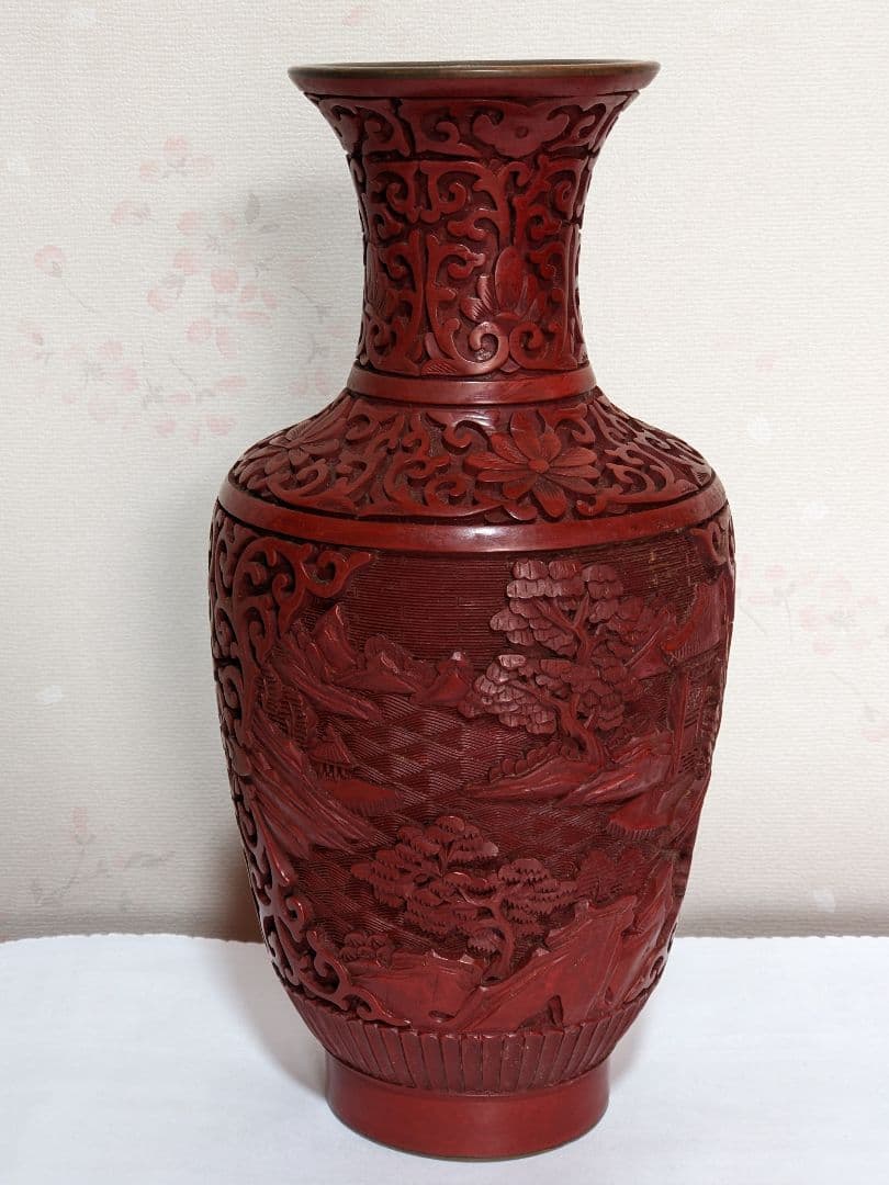 ♦中国 美術工芸品 堆朱 彫漆 楼閣山水図瓶 花瓶コレクション骨董品アンティーク