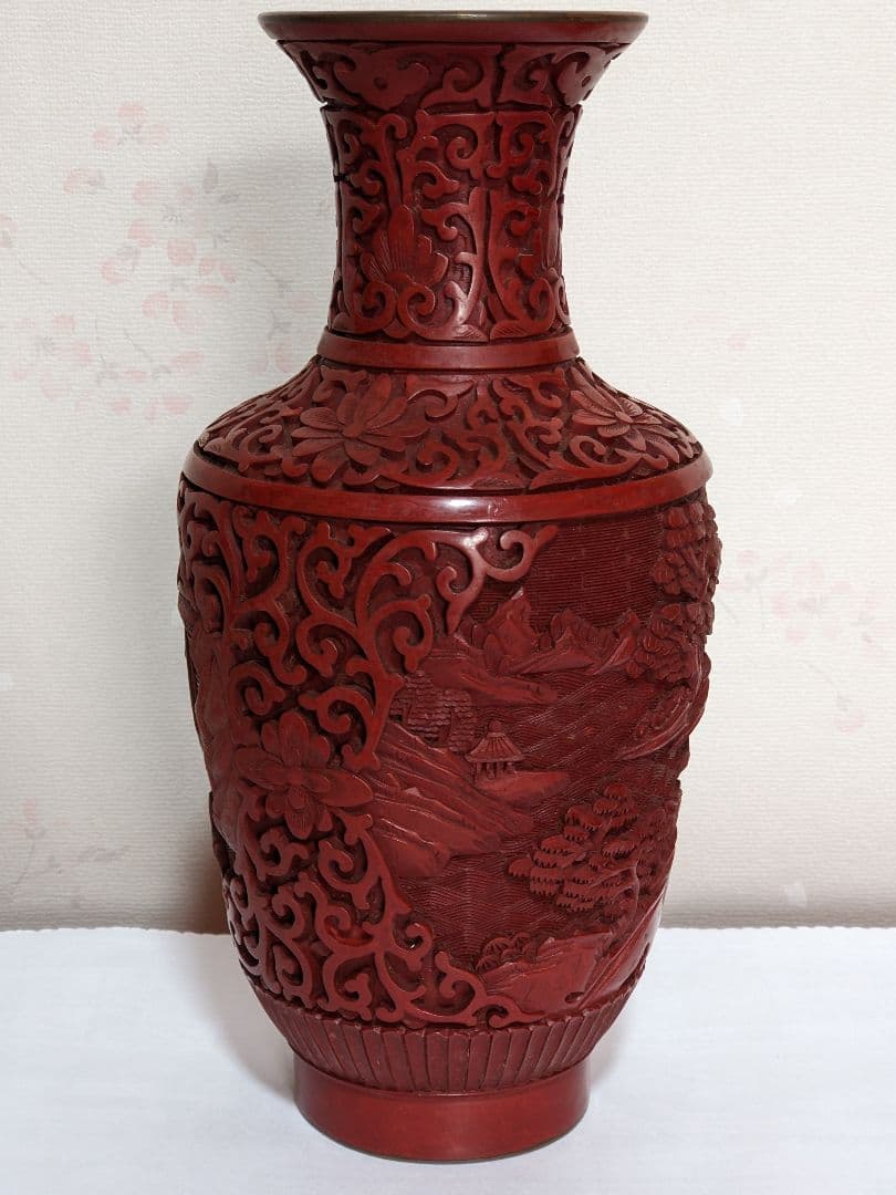 ♦中国 美術工芸品 堆朱 彫漆 楼閣山水図瓶 花瓶コレクション骨董品アンティーク