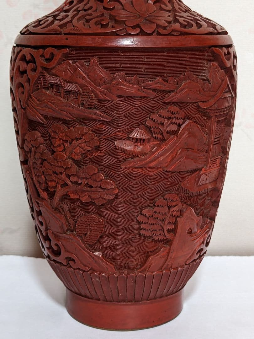 ♦中国 美術工芸品 堆朱 彫漆 楼閣山水図瓶 花瓶コレクション骨董品アンティーク