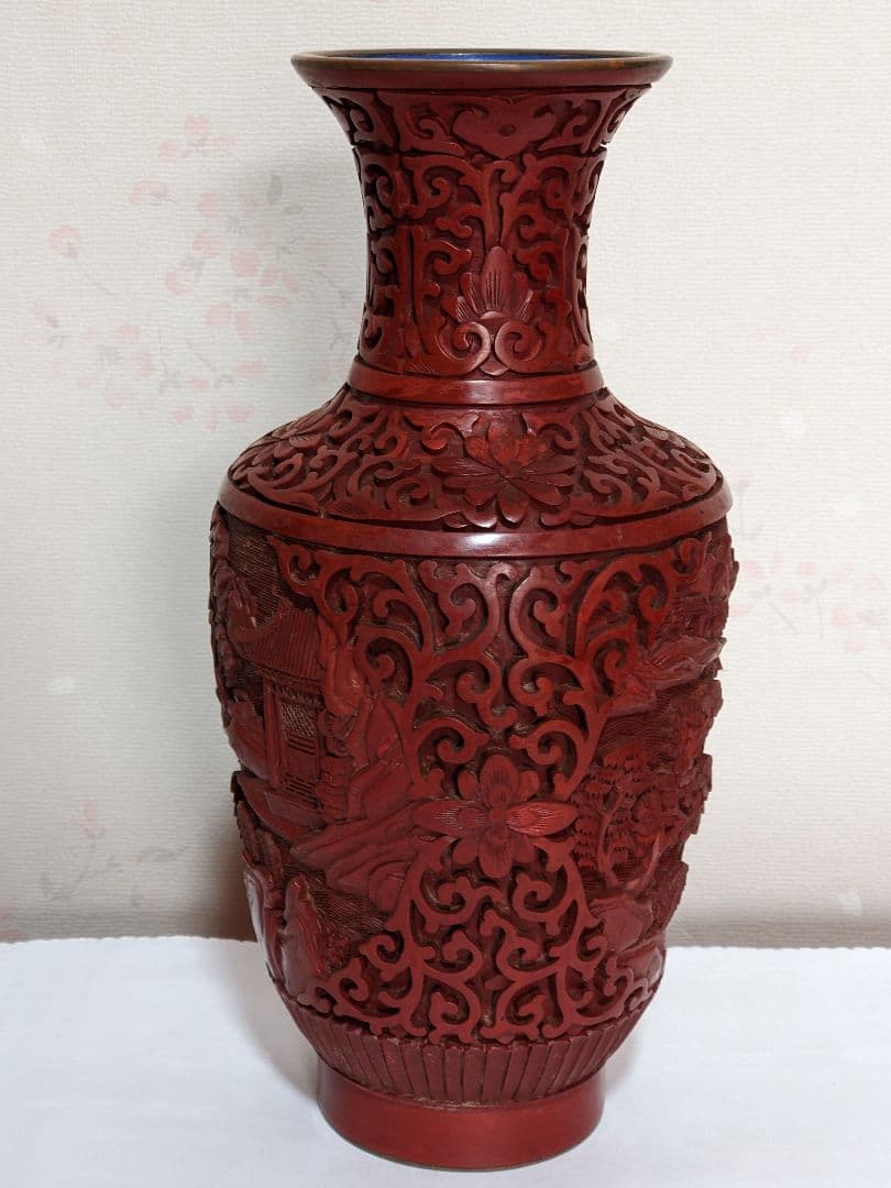 ♦中国 美術工芸品 堆朱 彫漆 楼閣山水図瓶 花瓶コレクション骨董品アンティーク