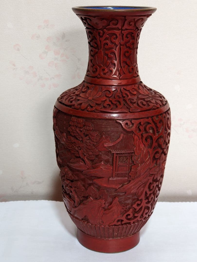 ♦中国 美術工芸品 堆朱 彫漆 楼閣山水図瓶 花瓶コレクション骨董品アンティーク