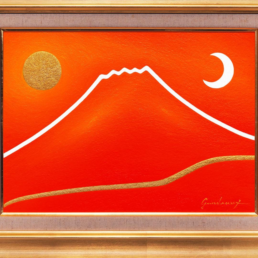 原画●『朱に染まる赤富士』●がんどうあつし油絵画●F4号額縁付富士山真作作者直接