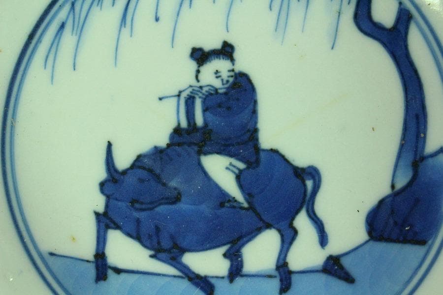 懐石 染付 輪花 牛上笛吹童子紋 皿 九枚(K-XA834)
